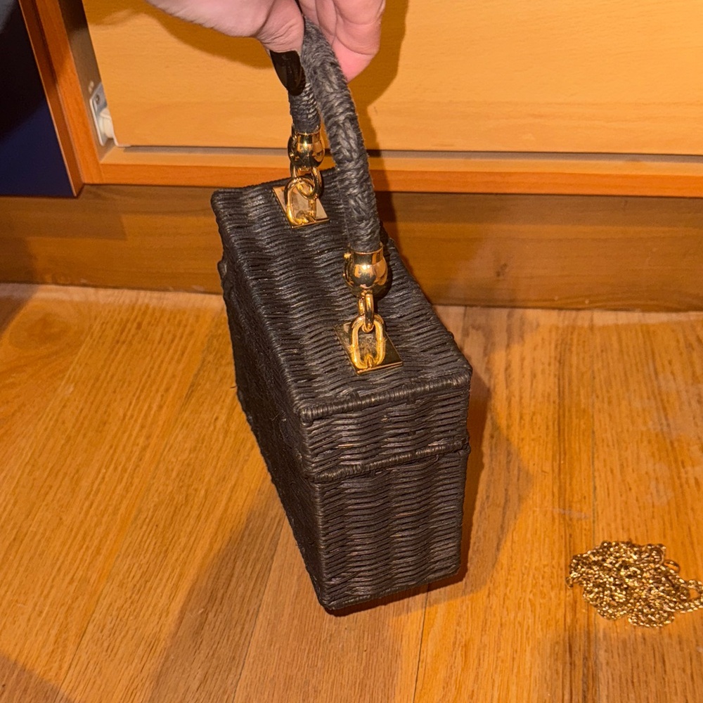 Zara Black Raffia Handbag with Gold Accents and chain - Picture 4 of 6
